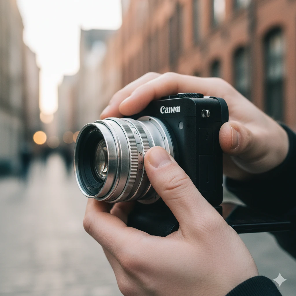 Der ultimative Leitfaden zum Fotos digitalisieren in München: Photographer Adjusting Vintage Industar 50-2 Lens on Modern Canon Camera Photographer Adjusting Vintage Industar 50-2 Lens On Modern Canon Camera